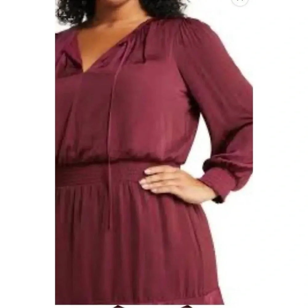 SAM EDELMAN SMOCKED LONG SLEEVE BURGUNDY A LINE DRESS - Picture 4 of 10
